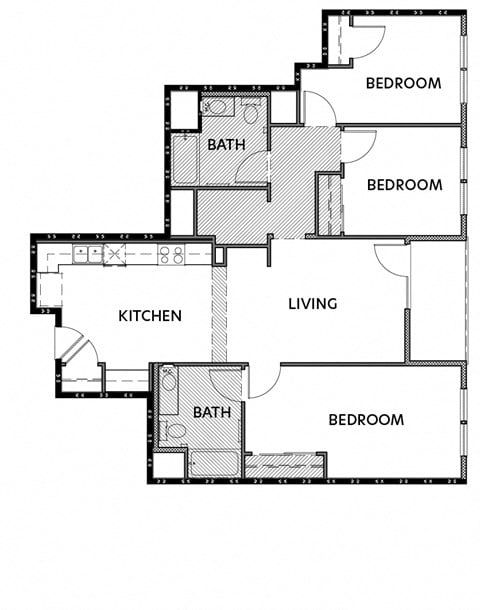 Floor plan for 3 beds, 2 baths, 980 sqft